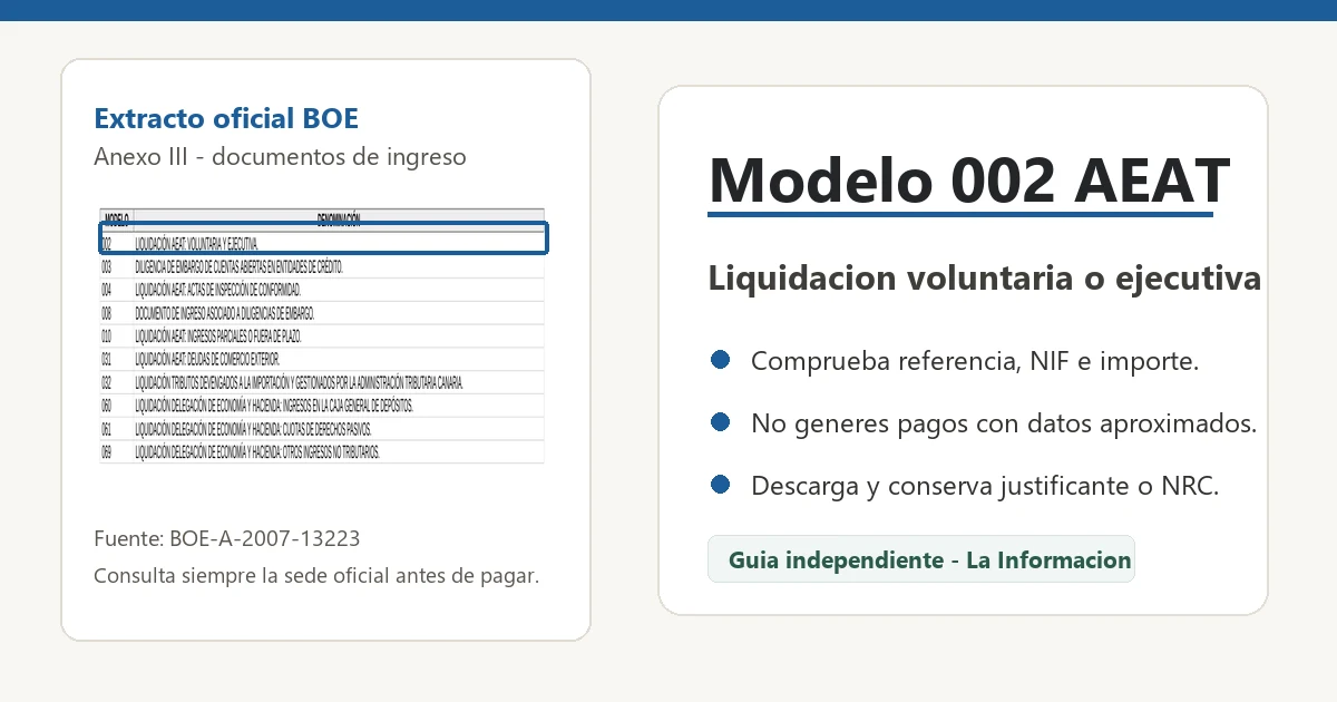 Extracto oficial del BOE sobre el modelo 002 AEAT y controles antes de pagar