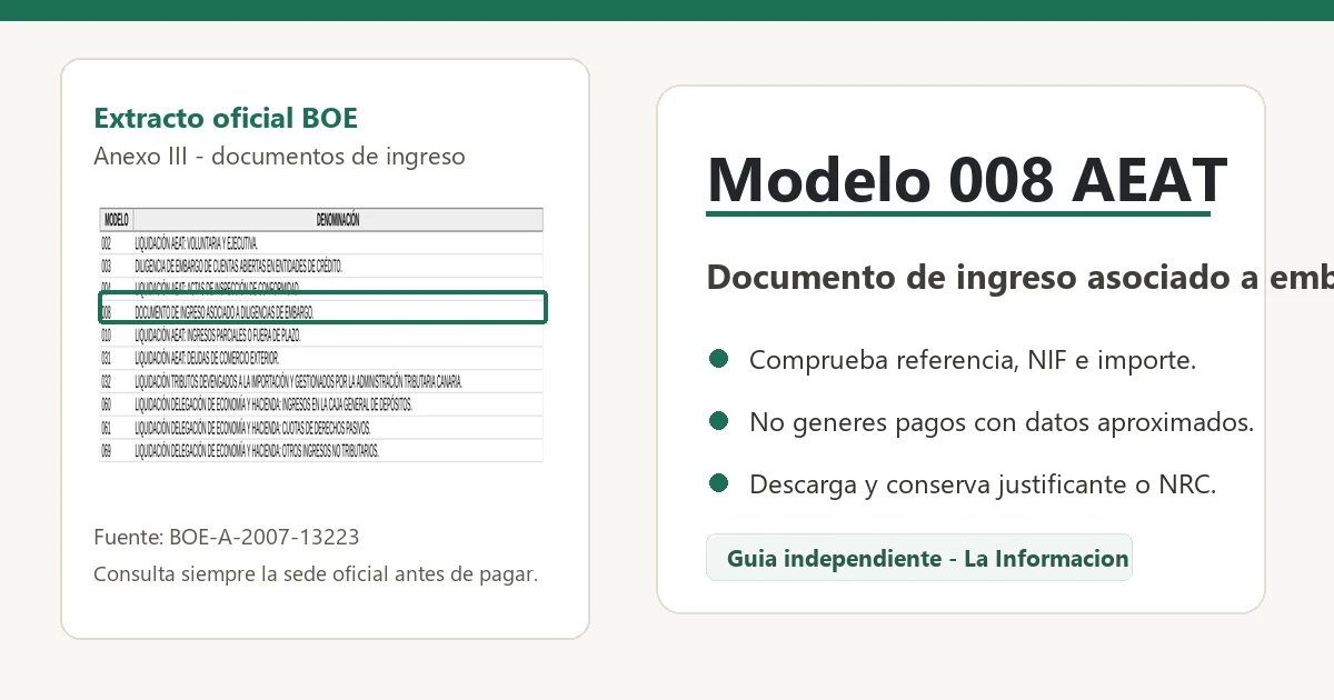 Extracto oficial del BOE sobre el modelo 008 AEAT y diligencias de embargo
