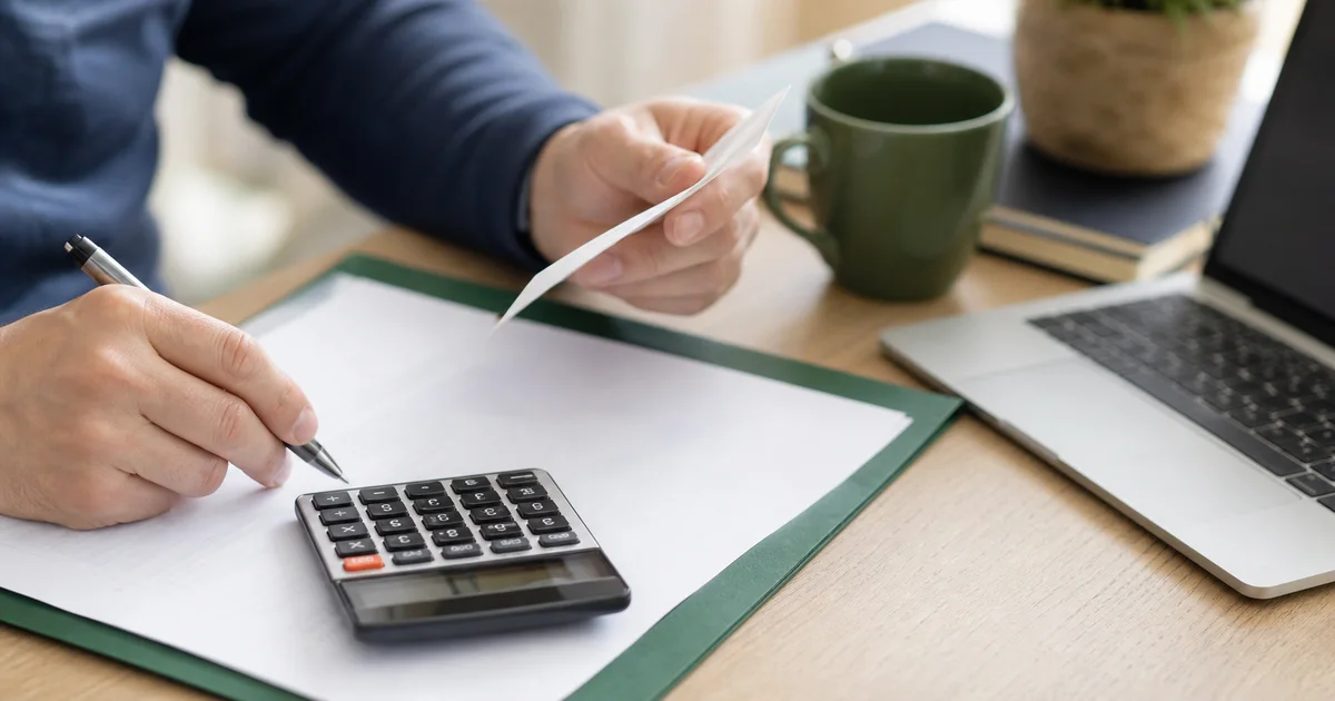 Persona revisando un documento de pago y calculadora antes de confirmar el modelo 010