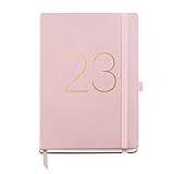 Miquelrius - 2023 Annual Diary - Page Day - Plus Size 155 x 213 mm (ປະມານ A5) - Rigid sewn imitation cover leather - elastic band - Spanish, English and Portuguese - Pink, MR22608