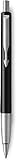 PARKER Vector bolígrafo, color negro con adorno cromado, punta mediana, tinta azul, en estuche de regalo