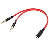 OcioDual Cable Divisor 1 Mini Jack 3.5mm Hembra TRRS a 2 AUX Macho TRS Splitter Y Separador de Audio Micrófono Auriculares Rojo