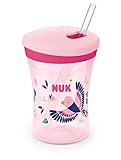 NUK Action Cup - Vaso para niños (efecto camaleón, 12 meses, tapa giratoria con pajita suave, a prueba de fugas, sin BPA, 230 ml, pájaro (rosa)