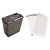 Amazon Basics - ເຈ້ຍ, ບັດເຄຣດິດ ແລະ CD Shredder ກັບຖັງທີ່ຖອດອອກໄດ້ (ຕັດຊື່, ເຖິງ 8 Sheet Capacity), ສີດໍາ + Sheets ເພື່ອ lubricate ແລະ sharpen Shredders - ຊອງຂອງ 12
