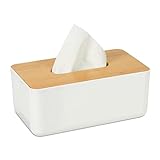 Коробка для салфеток Relaxdays, бамбуковая крышка, для ванной комнаты, модерн, пластик, 10 x 23 x 13 см, 1 шт., Бело-коричневый, белый / коричневый