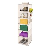Mgee Hanging Closet Organizers Clothes Storage Closet, Save Space and Foldable, 6 Tiers Foldable Organizers with 2 Pockets (Beige)