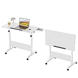Lvhecforhm, регульований по висоті бічний стіл, складаний офісний стіл, білий складаний стіл, бічний столик з коліщатками, переносні столи для навчання з прихованою шухлядою, домашній офіс 80x40 см