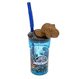 Jurassic World Drinking Cup pou timoun ak pay entegre, kouvèti ak figi 3D, veso pou bwè ak yon kapasite apeprè 360 ml, ideyal pou bwason frèt.