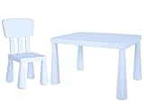 FHU børnebord med 1 stol, 2-delt sæt, børnesædesæt, stabilt og letpleje, indendørs og udendørs, til børneværelse, med afrundede kanter, lyseblå