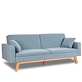ZZ DON DESCANSO, 3-sedežni raztegljiv kavč Reine, oblazinjen s tkanino, svetlo modra barva, sistem odpiranja Book ali Click-Clac, kavč: 201x73x79 cm, postelja: 201x99x42 cm, vključuje 2 blazini