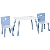 HOMCOM बच्चों का टेबल सेट और 2 लकड़ी की कुर्सियाँ, 2-4 साल के बच्चों के लिए कुर्सियों के साथ टेबल, टेबल 60x40x43 सेमी और कुर्सियाँ 28x26x48 सेमी, बेडरूम लिविंग रूम के लिए सफेद और नीला