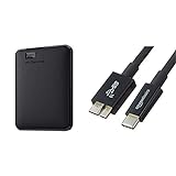 WD Elements - Disco Duro Externo portátil de 1 TB con USB 3.0, Color Negro + Amazon Basics - Cable USB Tipo C a Micro-B 3.1 de 2ª generación - 0,9 m - Negro
