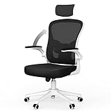 Rattantree Chaise de bureau ergonomique avec appui-tête réglable et soutien lombaire, dossier en maille respirante, accoudoirs pliables à 90°, chaise de bureau pivotante à 360°, blanc