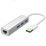 Nllano USB-A a LAN Ethernet Adaptador con 3 USB 3.0 Puertos, Adaptador con Cable LAN a RJ45 de USB, Adaptador de Red Gigabit, Concentrador Ethernet, Aleación de Aluminio (USB-A Plata)