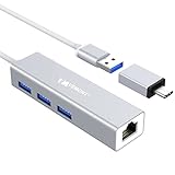 Adaptador USB Ethernet,VEMONT Aluminio Hub USB 3.0 a Puerto Red LAN Gigabit RJ45 Internet y 3 Puertos USB 3.0,Divisor Tipo con Adaptador USB C Compatible con Mac,Chromebook,Surface,Otro PC/portátil