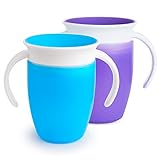 먼치킨 학습 컵, 손잡이가 있는 360° 컵 세트, 6개월 이상 유아용 BPA 프리 누출 방지 컵, 식기세척기 사용 가능, 2개 x 207ml, 파란색/보라색