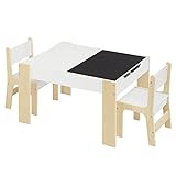 लेस्टारेन बच्चों का टेबल सेट भंडारण दराज के साथ, बच्चों के खेलने के कमरे के लिए 2 स्लेट लकड़ी की कुर्सियों के साथ बच्चों की टेबल, 81,5 x 60,5 x 48 सेमी, सफेद और प्राकृतिक