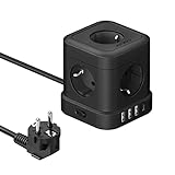 Cube Regleta Enchufe con USB,JSVER Regleta Cube 5 Tomas con 4 USB Puertos( 5V/3,4A (17W)) Alargadera Electrica para el hogar, la Oficina y los ViajesCable 2 m Negro