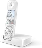Philips D2501W/34 - Teléfono Fijo Inalámbrico (16 Horas, Retroiluminación, HQ-Sound, Manos Libres, Identificador de Llamadas, Agenda 50 Nombres y números, Plug & Play, Eco+) Blanco