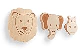 Qomfy Home Perchero infantil (juego de 3), diseño de león, elefante Hippo – Un armario moderno para niños con grabado láser preciso – de madera natural