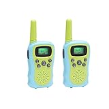 Amazon Basics Juego de 2 walkie talkies para niños de más de 3 años con bloqueo de teclas, 10 tonos de llamada y uso de largo alcance, Verde Y Azul