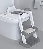 Ang Toilet Reducer Adapter sa Bata nga adunay Hagdan, PU Padded Cushion, Adjustable ug Foldable, Non-Slip Bathroom Adapter para sa Toilet para sa mga Bata (Gray, White)