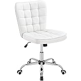 Yaheetech chaise de bureau sans accoudoirs chaise de bureau rembourrée en cuir PU avec roulettes chaise ergonomique piètement en métal blanc