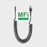 Cable Lightning en Espiral Apple Carplay [Mfi Certified], Cable USB a Lightning para sincronización rápida de datos con LED, cable de carga para coche iPhone retráctil corto para iPhone 14/13/12/11