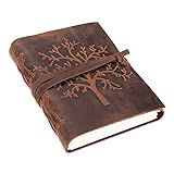 Tree of Life Leather Kaye – Moonster Handmade Writing Journal – Notepad pou gason ak fanm - Plain White Paper 18x13 cm - Leather Journal