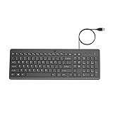 HP 150 Spanish QWERTY Keyboard with Cable - (ຕົວຊີ້ບອກ LED, USB-A Port, 12 Shortcut Keys, Windows 10, Windows 11) ສີດຳ