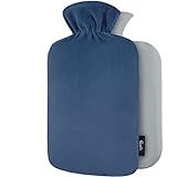 Торба за топла вода со прекривка - мека премиум покривка од руно - 1.8 литри со голем капацитет - вреќа за топла вода за грбот, вратот, болката во рамената и пријатни ноќи - темно сина