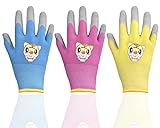 iYinJuan 3 pares de guantes de jardinería de látex para niños de 3 a 5 años, guantes de trabajo de protección para niños y niñas, guantes de seguridad doble (rosa, azul, amarillo)