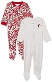 Amazon Essentials Pijama Ceñido de Algodón con Pies Bebé Niña, Rojo, Papa Noel, 18 meses