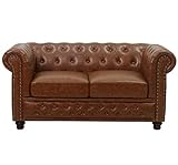 KMH Acogedor sofá de 2 plazas Chesterfield con funda de piel sintética marrón envejecido, cómodo sofá tapizado de diseño vintage, sofá de oficina
