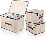DIMJ Cajas de almacenaje Plegable, Conjunto de 3 Cajas Organizadoras Tela, Cubos de Almacenamiento con Ventana Transparente, Organizadores de Contenedore para Ropa Juguetes Libros (Beige)