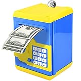 Vommery Guardiola per a nens de Joguina, Mini Caixa Forta electrònica per a caixer automàtic Bancs amb Bloqueig de contrasenya & Desplaçament automàtic de Diners per a nens nenes (Groc/Blau)