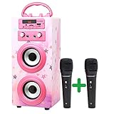 DYNASONIC (3º Generación)- Altavoz Bluetooth Portatil Karaoke con Micrófonos Incluidos | Lector USB y SD, Radio FM Modelo 025 (Rosa Brillante)