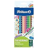 Pelikan Silverino, Llapis de Colors de Forma Triangular amb Agafament Ergonòmic Per a Nens, Llapis de Colors Intensos i Rentables, Estoig de 12 Colors