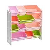 Amazon Basics - Organizador de juguetes con 12 compartimentos de plástico, madera blanca, compartimentos rosas