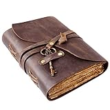Vintage Leather Journal - Antique Handmade ak lyen kolòn vètebral ak papye mare Liv lonbraj Kaye pou Desen Croquis (Brown 22 x 15 cm