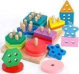 Purpledi Montessori Educational Stacking and Nesting Toys, Wooden Geometric Stacker, Nā makana no nā keikikāne kaikamahine 1 2 3 makahiki