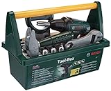 Theo Klein 8429 Caja de herramientas Bosch I Con sierra, martillo, alicates y mucho más I Destornillador eléctrico a pilas I Juguete para niños a partir de 3 años