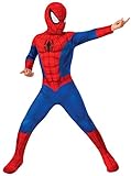 Rubies Disfraz Spiderman para niño, con cubrebotas adjuntas y máscara de tela Oficial de la Película El Hombre Araña de Marvel, talla M(5-7años)