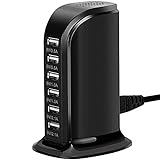 SCCVEE Estación de carga USB, 30 W, 6 puertos, torre portátil, para casa, para cargar teléfonos móviles, tabletas, cargador de enchufe USB múltiple (negro)