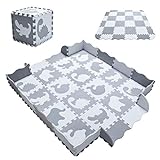 Qilima puzzle për dyshemenë e foshnjave të mbushura me shkumë EVA Yostrong | Qilim zvarritës për bebe | Lojëra për fëmijë me batanije palestër. Puzzles kafshësh 16 copë me skaje të valëzuara. E bardhë, gri e lehtë. YP-52 (AL) b16F20