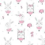 Pingianer - Tela de algodón para niños, 100 % algodón, por metros, manualidades, tela de costura, diseño de conejo, 100 x 160 cm, algodón, Conejo bailarina blanco., 100 x 160 cm