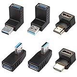 Greluma 4 Piezas Adaptador USB 3.0 en ángulo y 2 Piezas Adaptador HDMI Macho a Hembra, Adaptador USB Derecho/Izquierdo/Arriba/Abajo en ángulo, Adaptador HDMI de 90 y 270 Grados