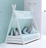 ALONDRA - Cama Montessori infantil para niños 70x140 completa de madera blanca. Incluye: toldo, nórdico y cama estructura casita tipi con somier, textiles verde menta HOMY-13 Mint.