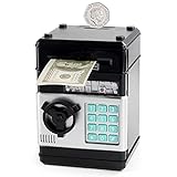 Elektwonik ATM Piggy Bank pou timoun jwèt - Mini bank ak modpas fèmen ak bwat lajan otomatik anivèsè nesans ti gason ak tifi soti nan 3 a 12 ane (nwa)