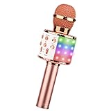 ShinePick Micrófono Karaoke Bluetooth, 4 en1 Microfono Inalámbrico Karaoke Portátil con Luces LED para Niños Canta Partido Musica, Compatible con Android/iOS PC, AUX o Teléfono Inteligente (Oro rosa)